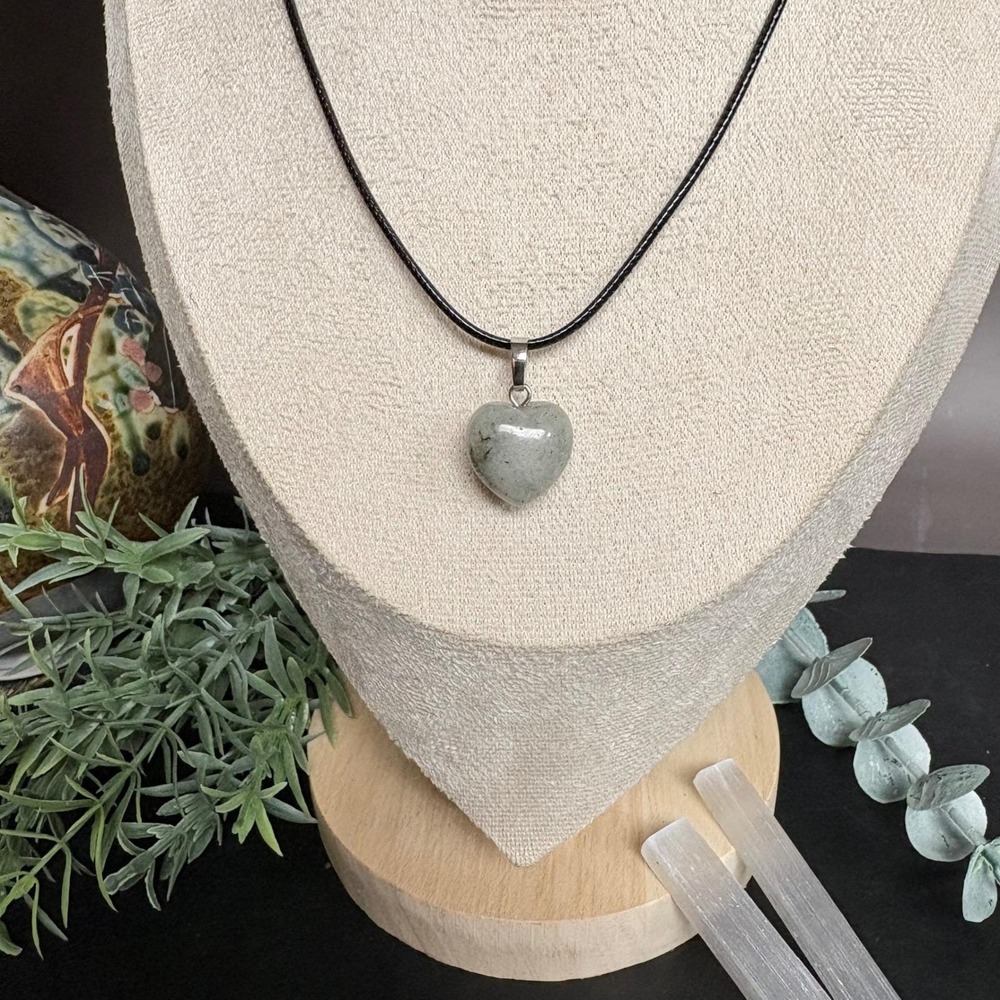 Labradorite Heart Necklace |‎ Handmade Stone Pendant | Leather Cord | 18 Inch